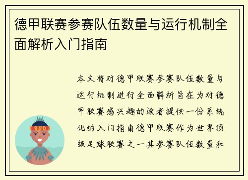 德甲联赛参赛队伍数量与运行机制全面解析入门指南