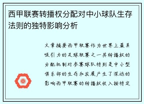 西甲联赛转播权分配对中小球队生存法则的独特影响分析