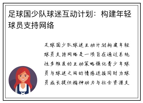 足球国少队球迷互动计划：构建年轻球员支持网络