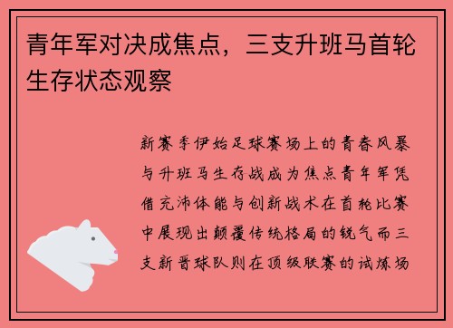 青年军对决成焦点，三支升班马首轮生存状态观察