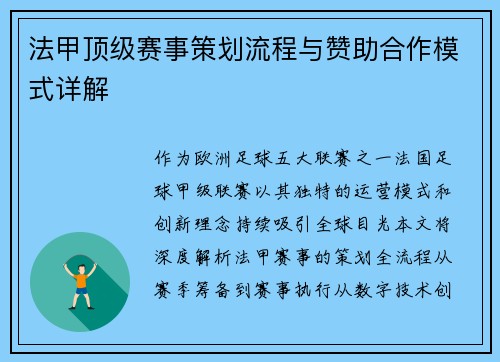 法甲顶级赛事策划流程与赞助合作模式详解