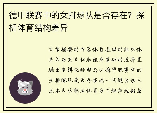 德甲联赛中的女排球队是否存在？探析体育结构差异